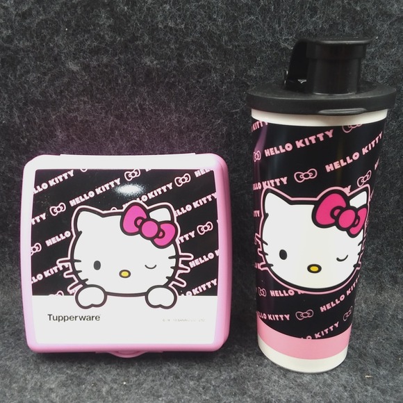 Tupperware  Hello Kitty "Bowtastic" Lunch Set‎ Sandwich Box & Tumbler Sassy Wink - Picture 1 of 6